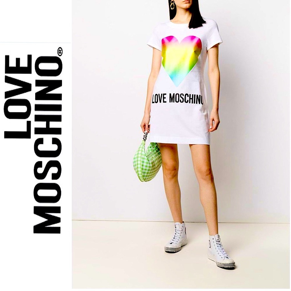 Love Moschino White Cotton Dress with rainbow heart logo